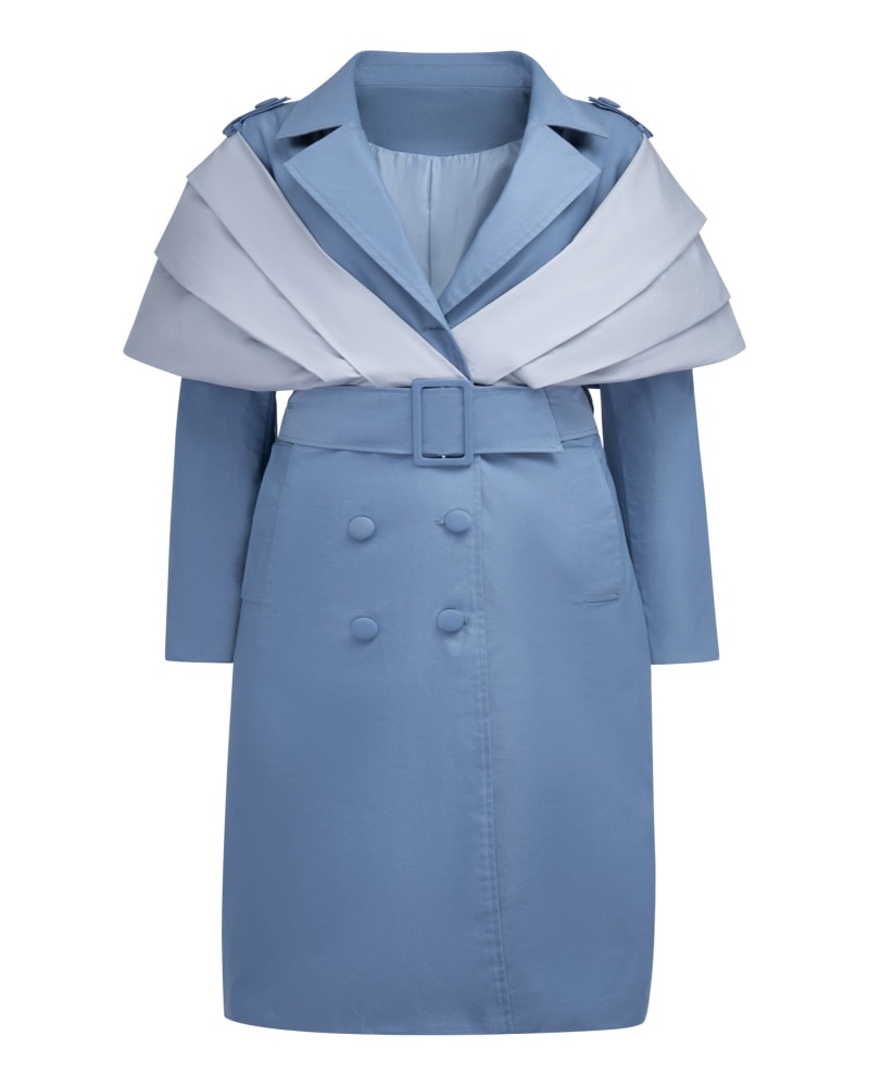 Front of a size 4X The Maya Trench Coat in Blue by Hilary MacMillan. | dia_product_style_image_id:330545